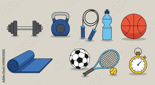 Fitness and Sports Equipment Collection: Dumbbell, Kettlebell, Jump Rope, Ball, Mat