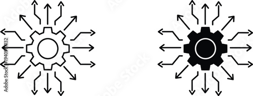 A black and white illustration of two gears with arrows radiating outward
