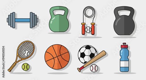 Fitness and Sports Equipment Icons: Dumbbell, Kettlebell, Jump Rope, Tennis, Basketball, Soccer, Baseball, Water Bottle