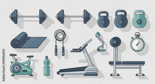 Fitness Equipment Collection: Dumbbells, Treadmill, Yoga Mat, Kettlebells, Bench Press, Bike