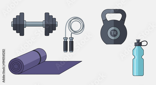 Fitness Equipment Set: Dumbbell, Kettlebell, Yoga Mat, Jump Rope, Water Bottle