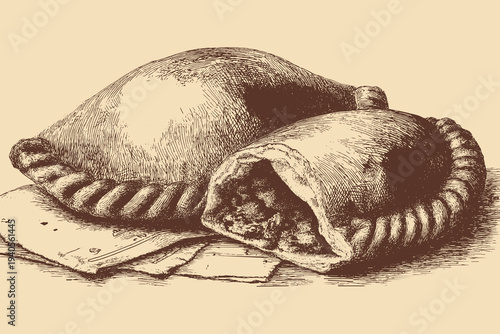 Cornish Pasty illustration in a vintage style. This vector illustration can be used in any size you like for advertising, logos, and other work.