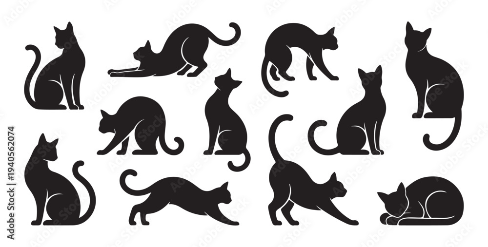 Fototapeta premium Set of silhouettes of black cats in various poses isolated on white background. cat vector illustrations
