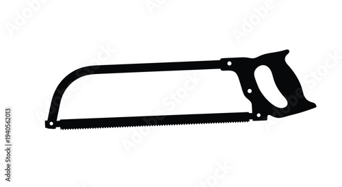 A black silhouette of a hand saw against a white background silhouette