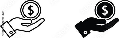 A hand holding a dollar coin in a simple black and white illustration