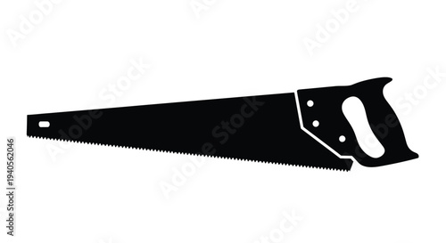 A black silhouette of a hand saw tool for cutting wood silhouette