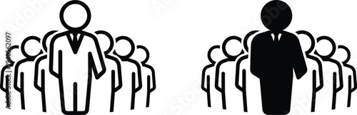 A group of people following a leader in a simple graphic illustration