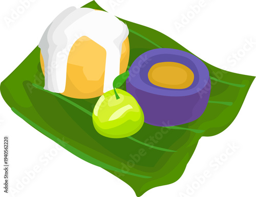 Thai Egg Yolk Dessert and Coconut Half Banana Leaf Background