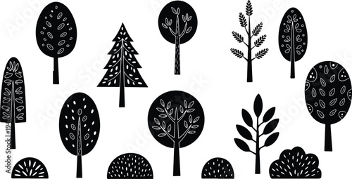 Black silhouette illustrations of various trees and plants on white background