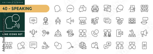 A collection of Speaking icons set with editable stroke, including talking, discussion, speech bubble, conversation, consultation. Thin linear vector illustration.