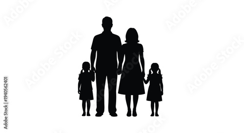 A family of five stands together depicted in black silhouette