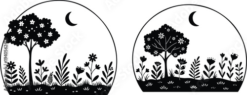 Two black and white illustrations of trees and flowers under crescent moon