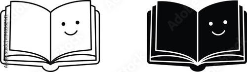 A smiling open book with a happy face on a plain background