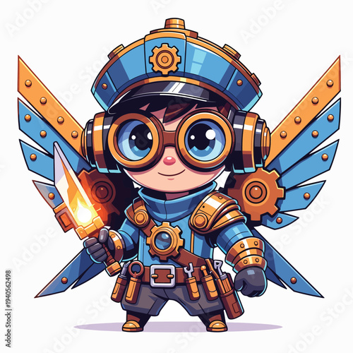 Steampunk Mechanic Hero Character with Goggles and Mechanical Wings Holding a Glowing Fiery Sword