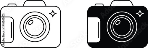 A simple line drawing of two camera icons on a white background