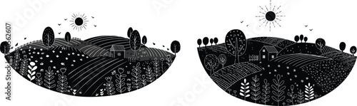 Black and white illustration of two hemispheres with cityscapes and trees