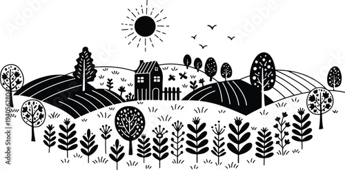 Black and white illustration of a sunny farm landscape with greenhouses and crops