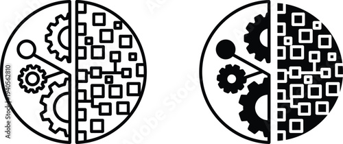 A black and white illustration of gears and QR codes combined