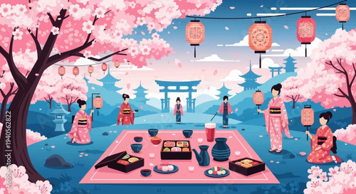 Japanese Hanami Festival: Cherry Blossoms, Traditional Picnic, and Geishas in a Serene Landscape