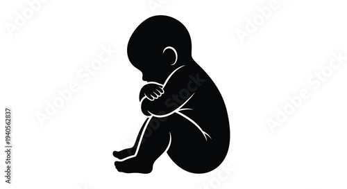 A fetal position depiction of a baby a striking black silhouette