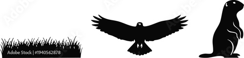 Grassland Wildlife Silhouette Set: Thick Meadow Grass Patch, Soaring Hawk Bird of Prey, and Standing Prairie Dog Marmot Icons