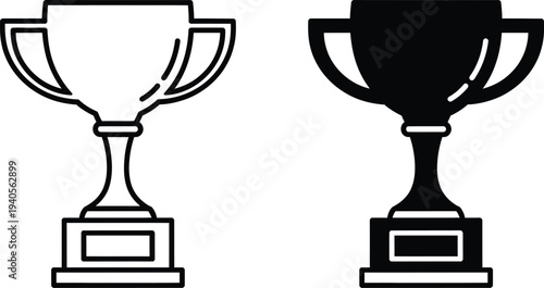 Two trophies side by side on a white background in black and white