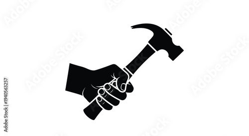 A hand firmly gripping a hammer a striking black silhouette