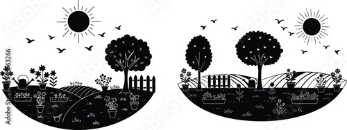 Black and white illustration of two hemispheres with sun trees birds and fence