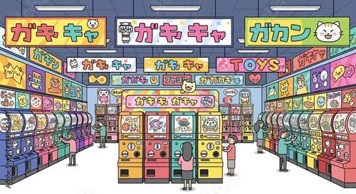 Vibrant Gashapon Capsule Toy Store Illustration with People Playing Arcade Games