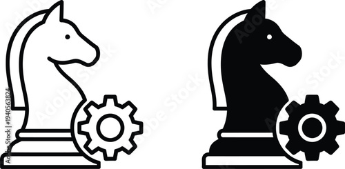 A black and white illustration of chess knights with gears