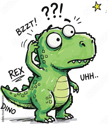 A confused cartoon dinosaur with big eyes scratching its head with the words 'Dino Rex' and 'Uh-huh' written next to it, depicting a humorous and whimsical scene