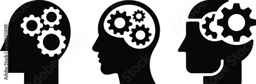 Three black silhouettes of heads with gears inside the brain thinking concept