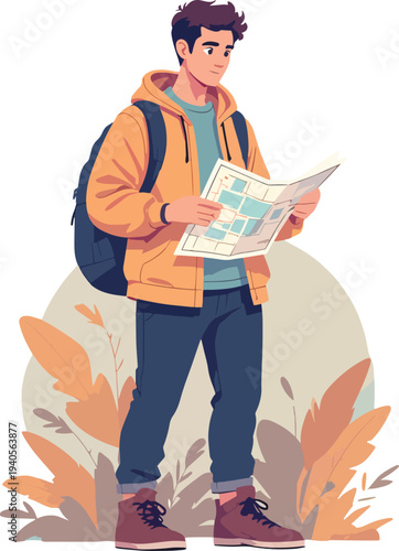 Escursionista con mappa che cerca la strada in montagna – illustrazione vettoriale