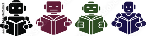 Colorful robot icons reading books in different hues on white background