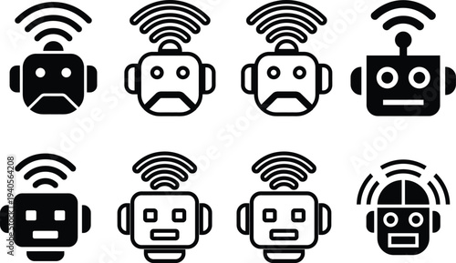 Collection of various robot heads with WiFi signal icons around them on white