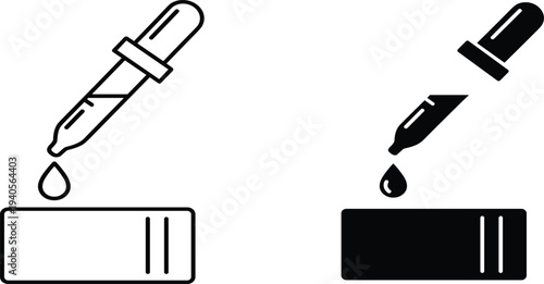 Medical laboratory dropper icons with liquid drop and test strip container for scientific research, healthcare diagnostics, clinical testing and chemical pharmacy analysis.