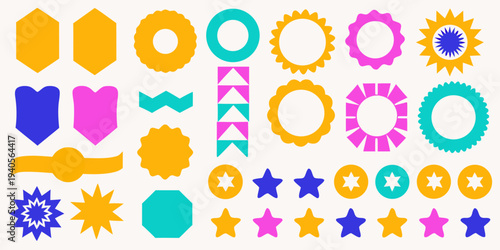 Colorful geometric shapes and frames arranged on a pale background