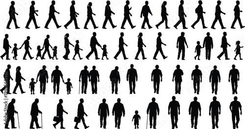 Human life stages silhouette, childhood to old age, generational family growth, aging process, evolution of people, walking, standing, parenting, elderly