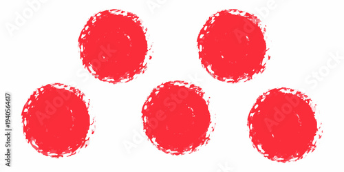 Five irregular red shapes resembling fingerprints or organic forms