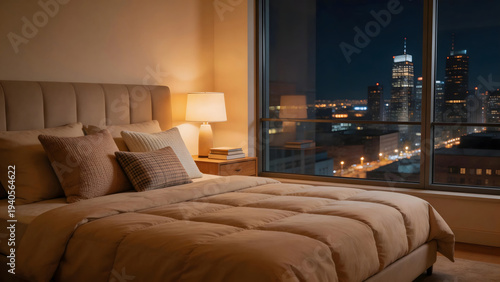 Cozy bedroom with city night view and warm lighting