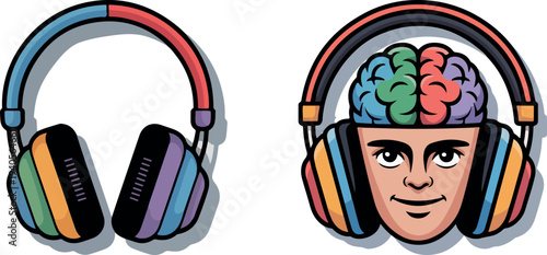 Colorful headphones and human head with brain wearing headphones