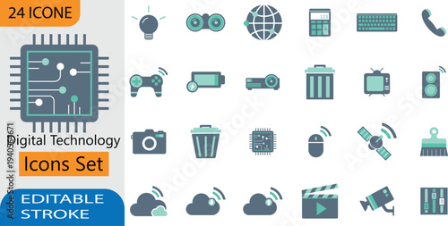 Digital Technology Flat Icons Set – Editable Stroke Electronic Devices, Network and Media Vector Icons Collection