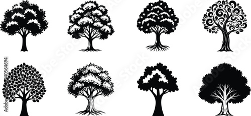 Collection of eight different tree silhouette designs on a white background