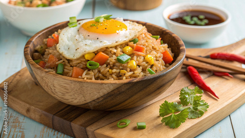 Delicious Vegetable Fried Rice with Sunny Side Up Egg – Asian Style Homemade Rice Bowl