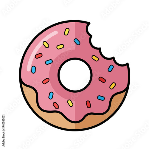 Bitten Pink Frosted Donut with Colorful Sprinkles on White Background, Sweet Treat Icon