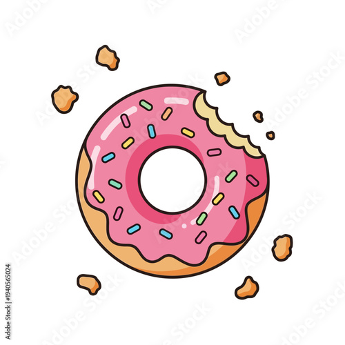 Bitten Pink Frosted Donut with Sprinkles, Crumbs Flying, Isolated on White Background, Sweet Treat