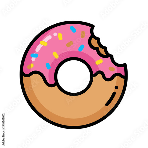 Bitten Pink Frosted Donut with Sprinkles, Sweet Treat Icon, Delicious Pastry, Isolated on White