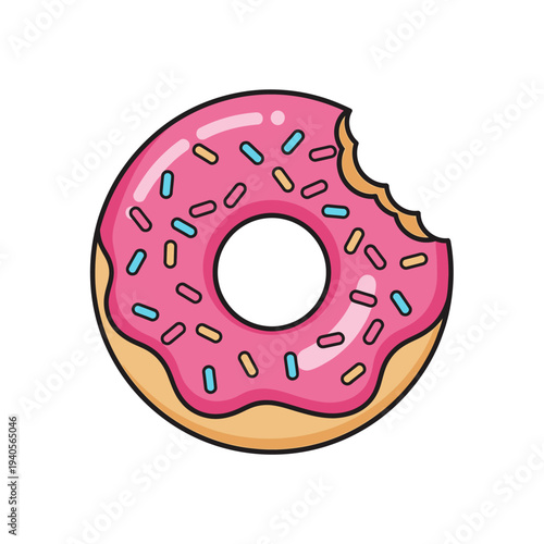 Bitten pink frosted donut with colorful sprinkles, isolated on white background, sweet pastry