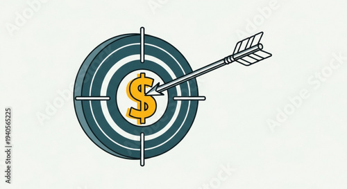 Bullseye target with dollar sign hit by arrow symbolizing financial goals and success in business strategy