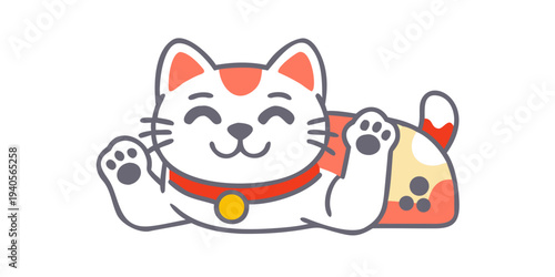 Cute lucky cat maneki-neko smiling and resting on a white background
